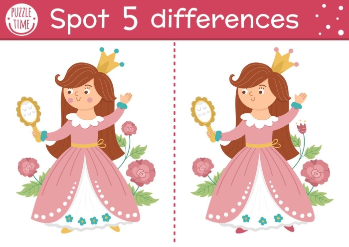 Princess Find the Differences worksheet for kindergarten featuring two scenes with a prince and a princess to identify differences. Worksheet image showing children how to spot ten differences while practicing subtraction skills.
