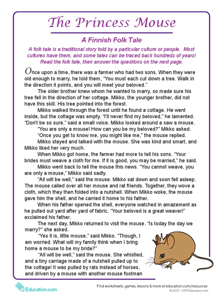 Folktales The Princess Mouse reading activity for third grade students Third grade student reading a Folktales The Princess Mouse worksheet about moral values and sight words