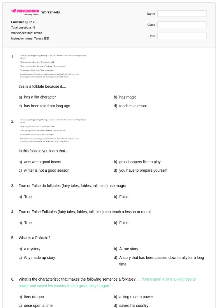 The Princess Mouse folktale worksheet activity for teaching sight words to third graders Third grade student worksheet page featuring The Princess Mouse folktale story with sight words exercises and comprehension questions