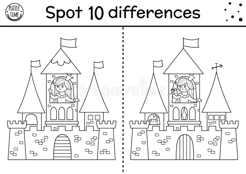 Princess Find the Differences worksheet featuring two scenes with a prince and princess for kids to compare. Fun title for kindergarten subtraction practice: Spot the 10 differences!