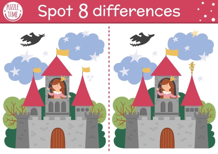 Princess Find the Differences worksheet for kindergarten subtraction practice