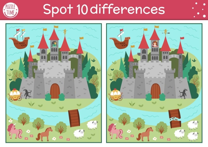 Princess Find the Differences worksheet showing a prince and princess with ten differences to identify