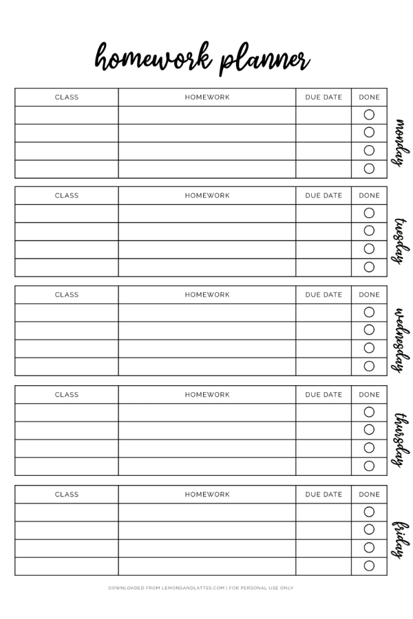 Back to school: vibrant homework planner ready for printing and backpacks Colorful printable homework planner worksheet for second graders in algebra