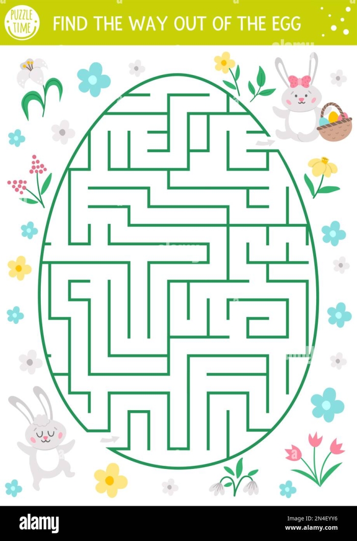 Pre-K Easter maze worksheet featuring a bunny trying to reach a decorated egg to practice counting skills