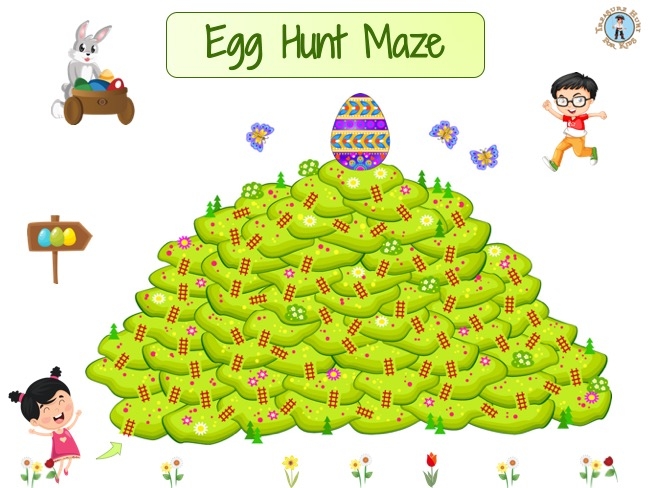 Pre-K printable Easter maze worksheet with a rabbit finding an egg for counting practice