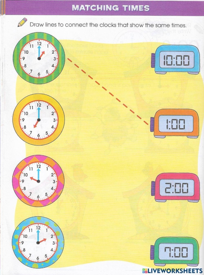 Worksheet image for practicing clock matching skills in first grade social studies Printable Match the Clock II worksheet for first graders to practice telling time