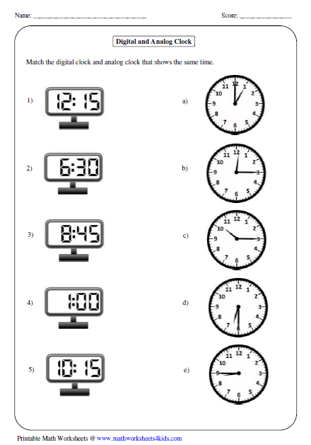 Worksheet image for social studies skills focusing on clock face matching Printable Match the Clock II worksheet for first graders to practice telling time