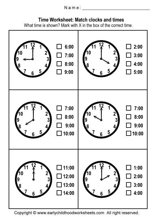 Educational resource for first grade social studies skills featuring clock matching activity Printable Match the Clock II worksheet for first graders to practice telling time