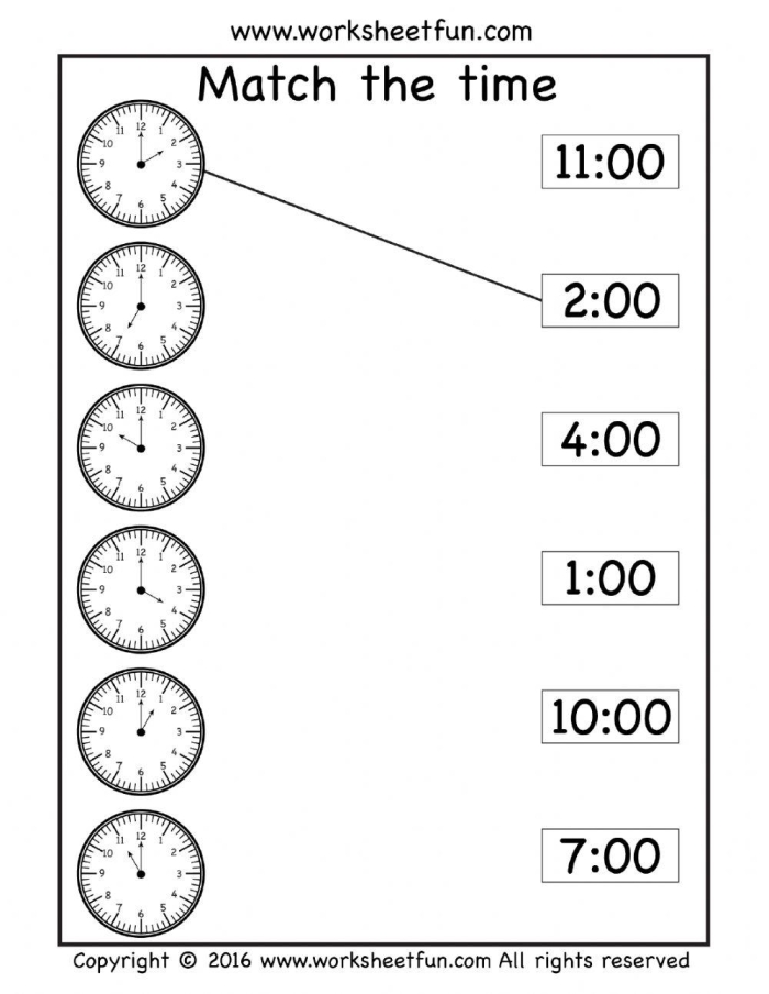 Engaging worksheet image for social studies skills in first grade Printable Match the Clock II worksheet for first graders to practice telling time