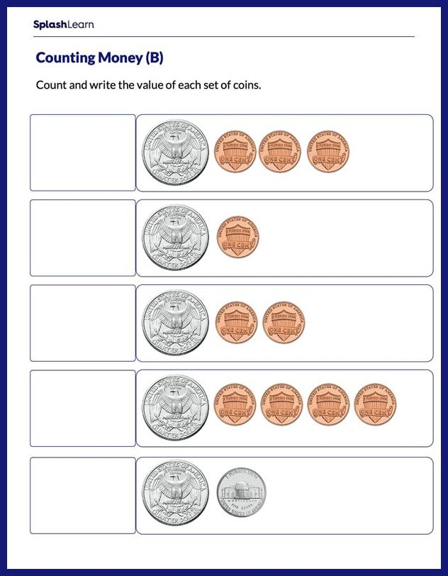 First grade math worksheet featuring printable paper U.S. coins and dollar bills for geometry and counting practice