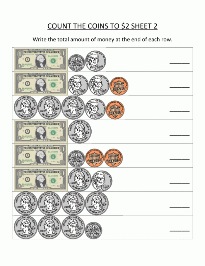 First grade printable money worksheet with cut out coins and dollar bills for math practice