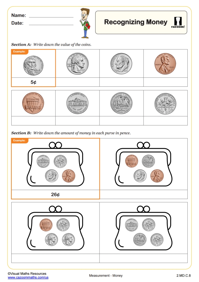 Printable money worksheet featuring U.S. dollar and coin cutouts for first graders