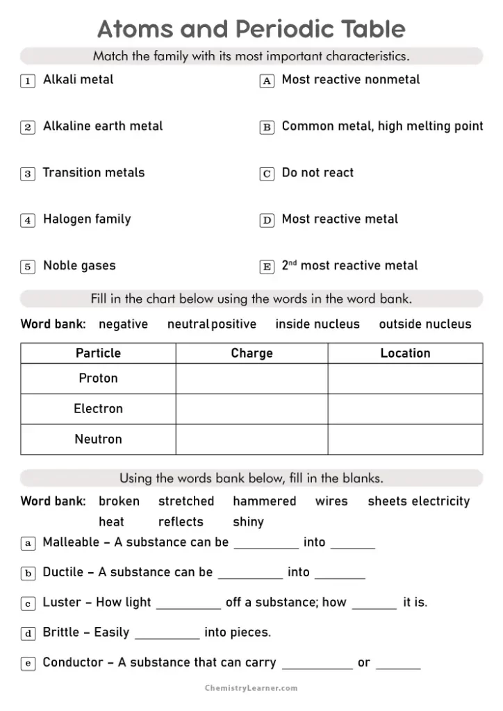 Printable periodic table worksheet for sixth grade science students