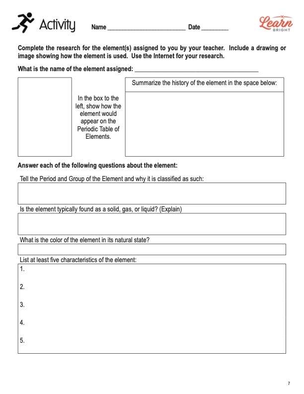 Sixth grade student learning periodic table of elements with printable worksheet guide