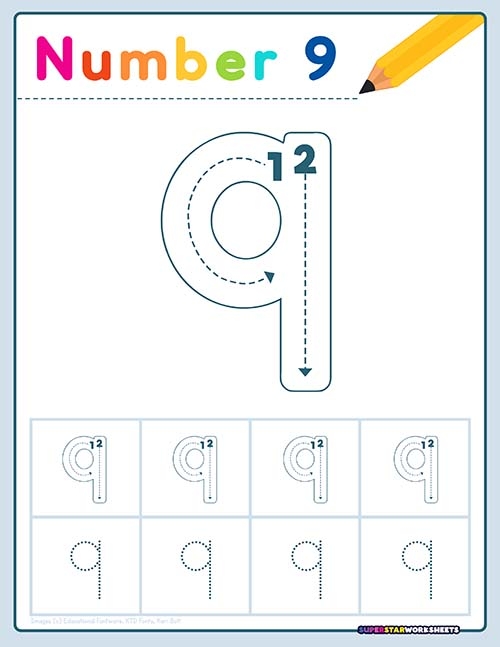 A printable activity page featuring the number 9 for young children learning math