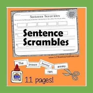 Second grade phonics sentence scramble worksheet with mixed up words for students to rearrange into correct sentence order