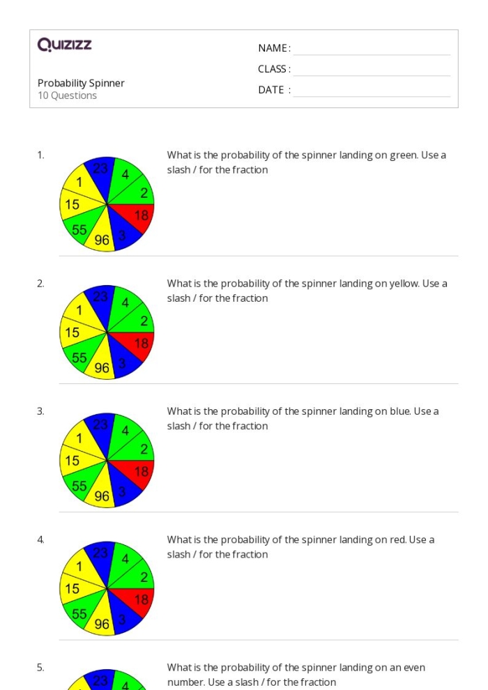 A 7th grade math worksheet featuring probability problems about a bag of assorted fruit