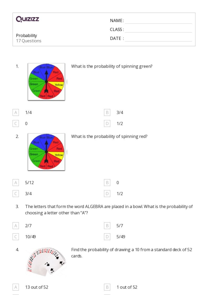 Seventh grade math worksheet featuring a colorful collection of fruit to teach probability concepts