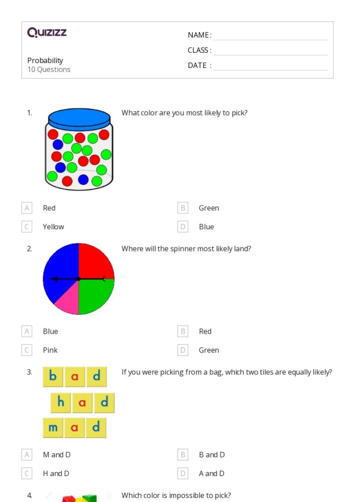Math worksheet for seventh graders focused on calculating probability using relatable examples