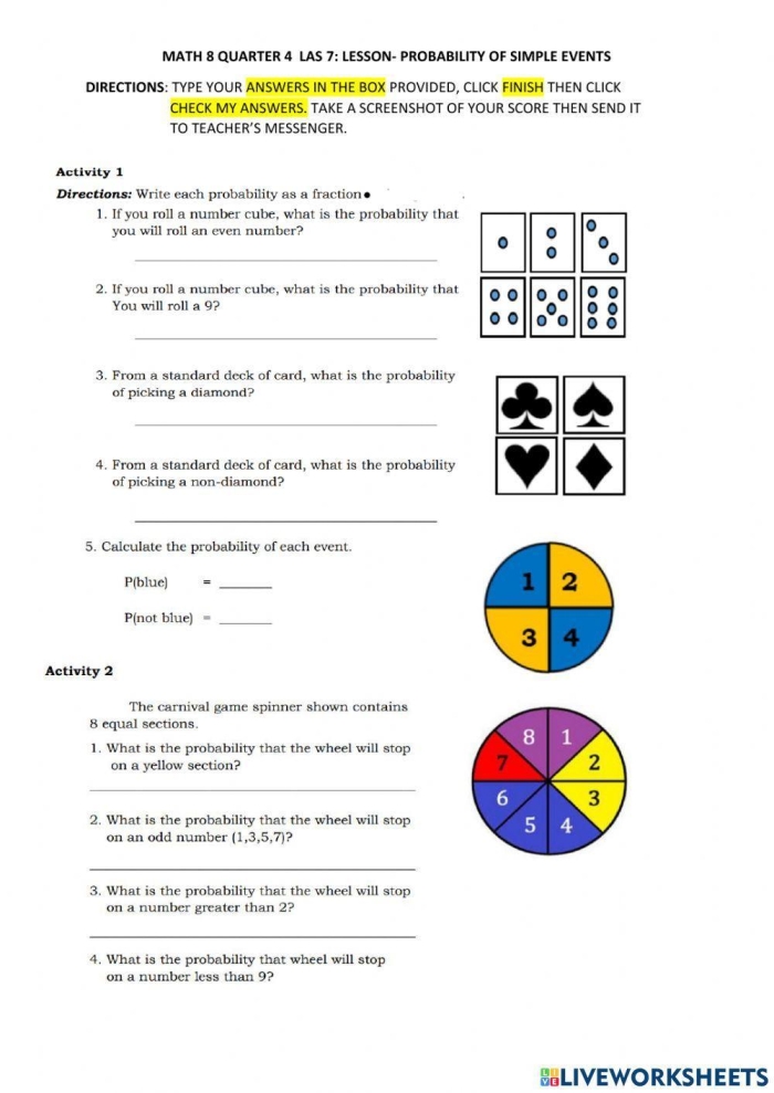 Seventh grade math worksheet featuring probability models and prediction exercises