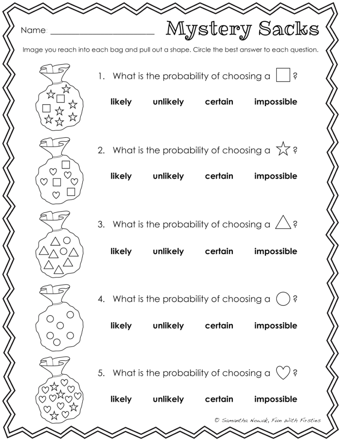 Probability practice worksheet designed for seventh graders featuring everyday examples