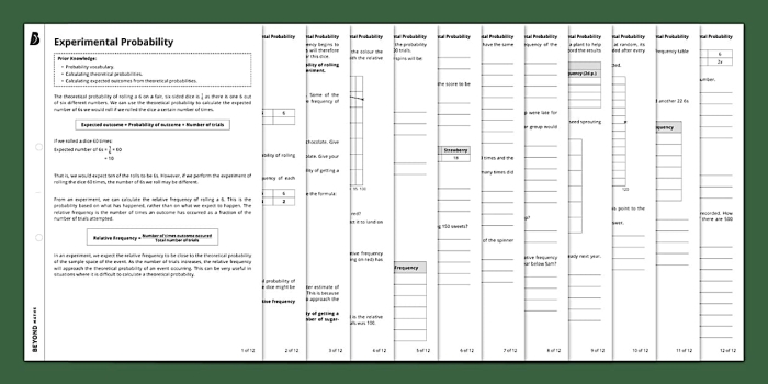 A seventh-grade student completing a math worksheet on making predictions using experimental probability
