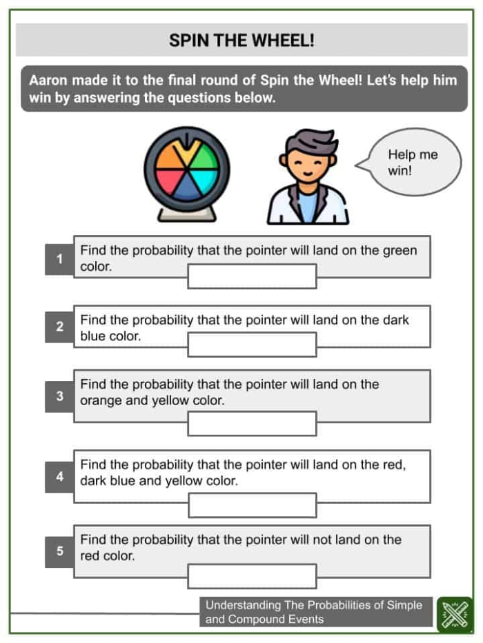 Seventh grade math worksheet focusing on calculating the probability of simple events in daily life