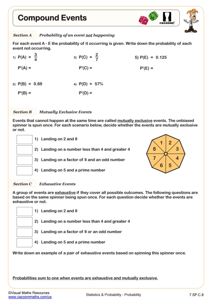 Worksheet featuring real-world scenarios for calculating the probability of simple events