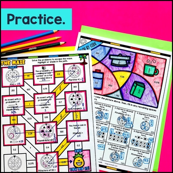 Seventh grade worksheet featuring math problems on the probability of simple events using real-world scenarios