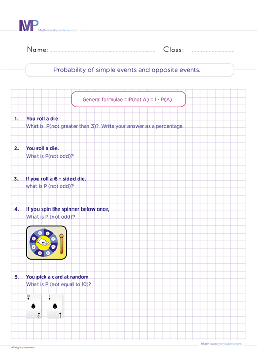 Seventh grade worksheet page featuring various real-world problems on calculating the probability of simple events