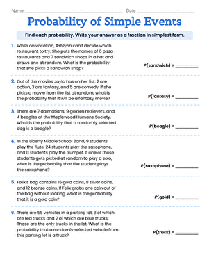 Seventh grade students practicing simple probability calculations on a one-page math worksheet