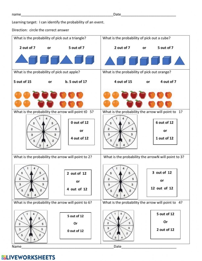 Worksheet for exploring probability with engaging examples for seventh graders