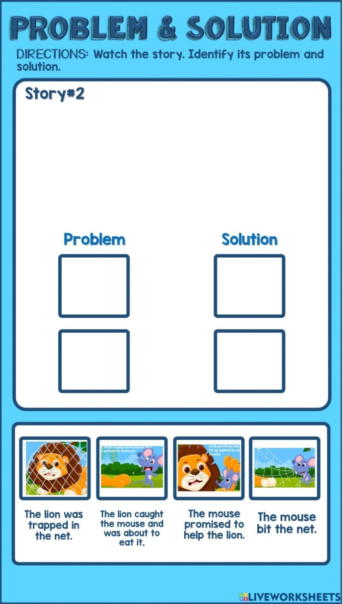 Third grade reading comprehension worksheet showing problem and solution exercises for geography texts