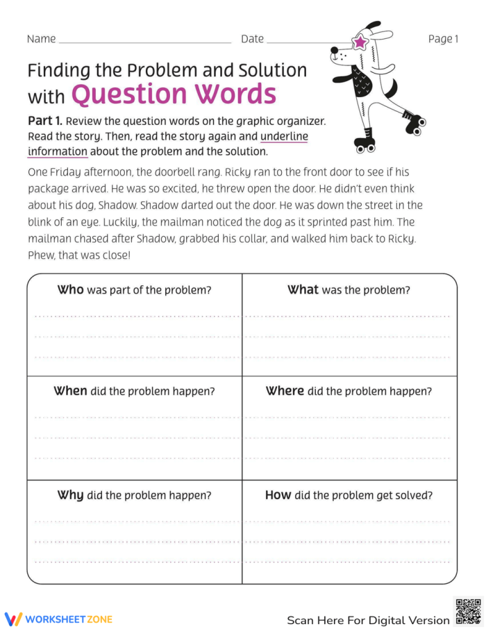 Finding the Problem and Solution Question Words History Worksheet 1 Third grade history worksheet for identifying problems and solutions using question words