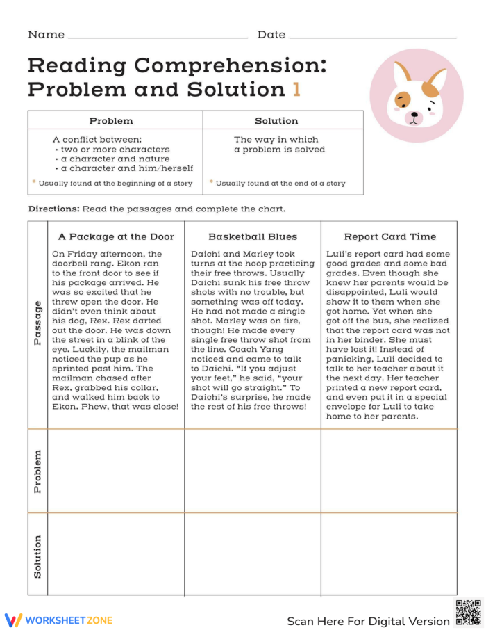 Reading Comprehension Problem and Solution Worksheet 24 for Grade 3 Phonics Third grade students identifying problem and solution scenarios in a reading comprehension worksheet