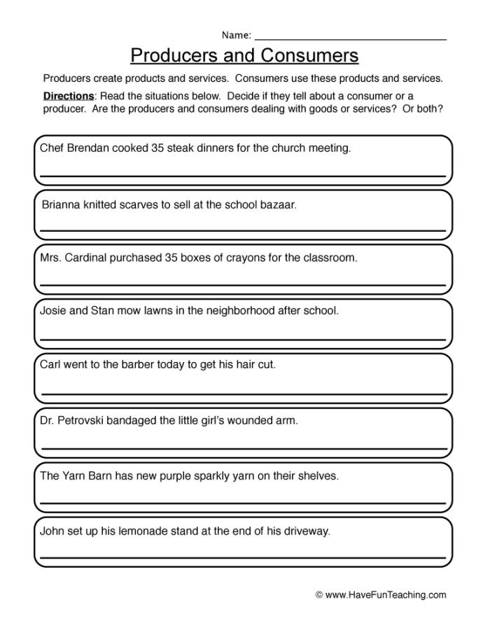 Second grade reading worksheet explaining the roles of producers and consumers