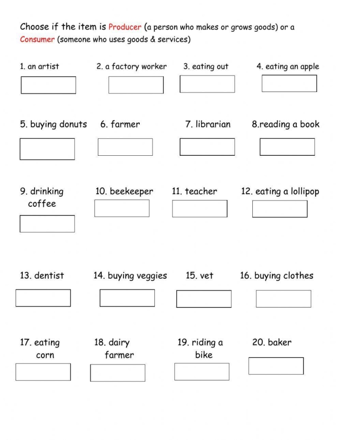 Worksheet for second graders exploring the concepts of producers and consumers in social studies