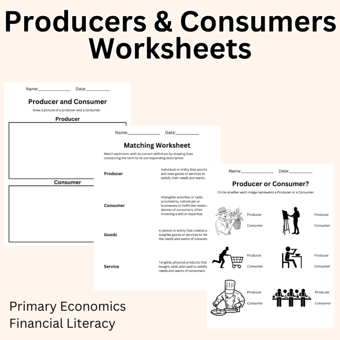 Second grade social studies worksheet explaining the difference between producers and consumers