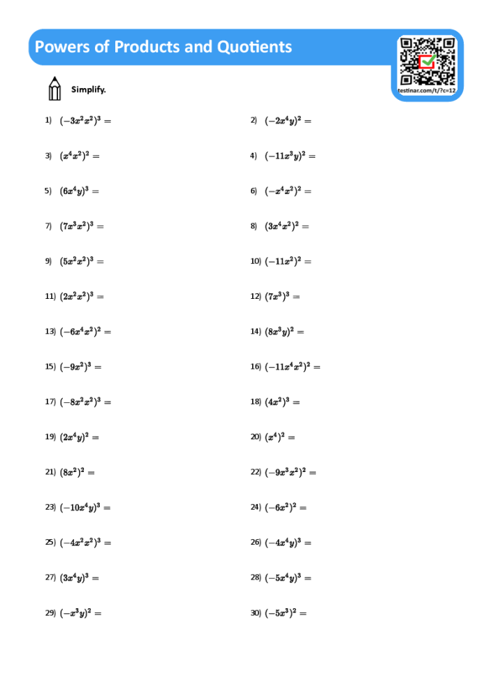 Eighth grade algebra worksheet focusing on solving math problems using the Product of Powers rule