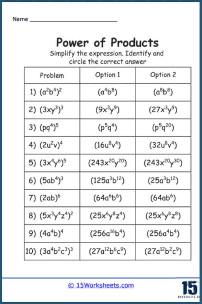 Eighth grade math worksheet focusing on exercises for the Product of Powers property