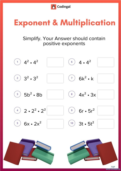 Eighth grade student solving product of powers algebra problems on a practice worksheet