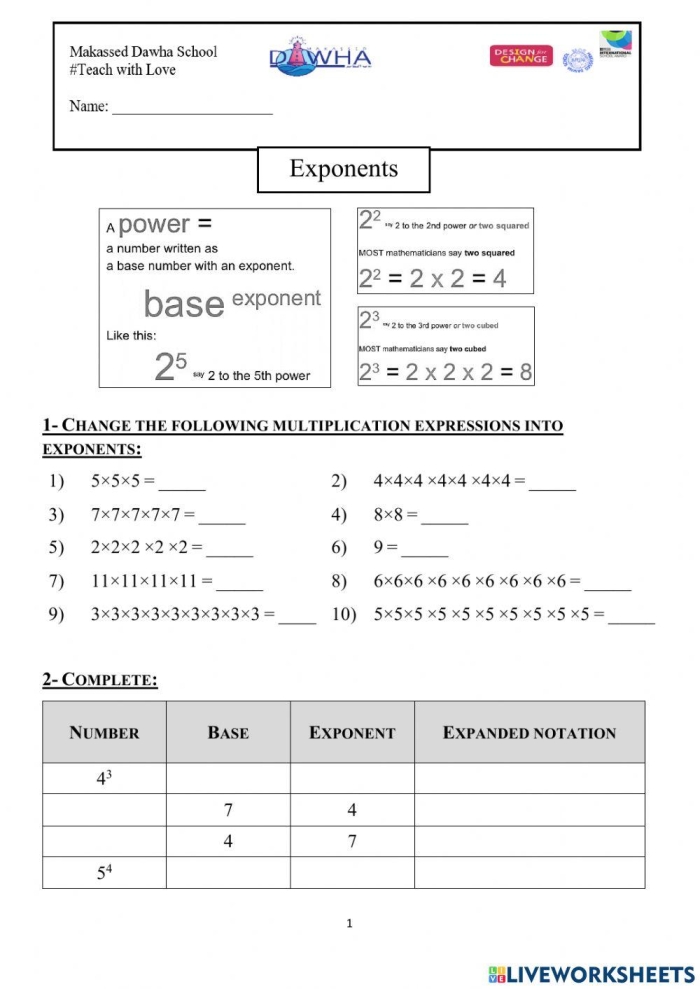 Eighth grade algebra worksheet focusing on solving math problems using the product of powers property