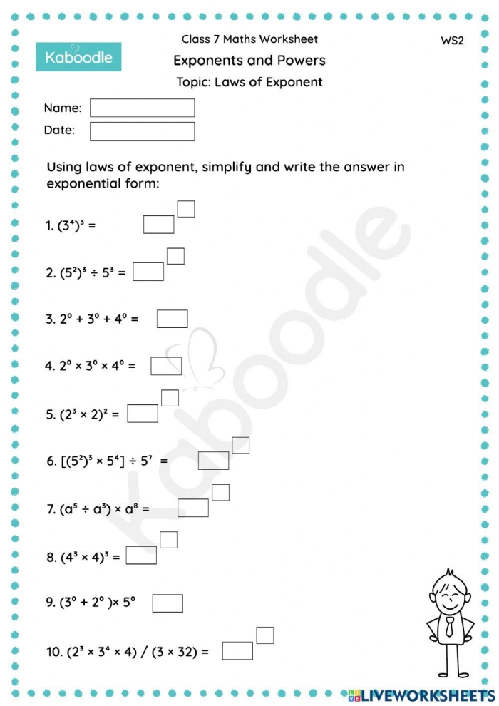 Eighth grade student solving product of powers algebra problems on a practice worksheet
