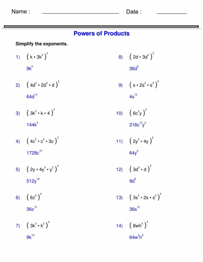 Eighth grade math student practicing exponent rules with a Product of Powers worksheet