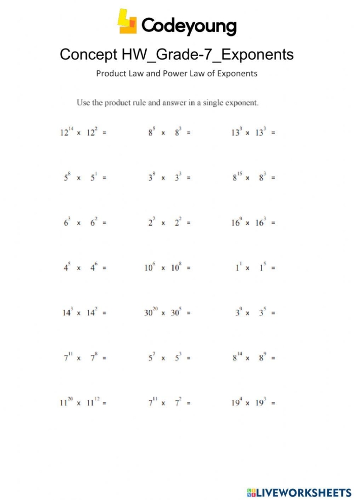 Eighth grade math worksheet focusing on solving expressions using the Product of Powers rule