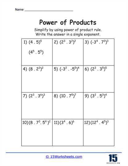 Eighth grade student solving product of powers algebra problems on a practice worksheet