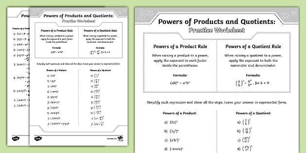 Eighth grade student solving product of powers algebra problems on a practice worksheet with exponent equations