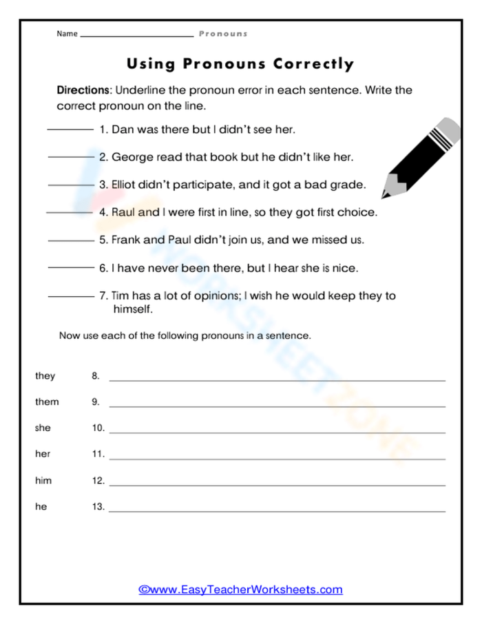 Correcting Errors With Pronouns Worksheet for 6th Grade Students Ninth Edition Sixth grade grammar worksheet focused on correcting pronoun usage errors in sentences
