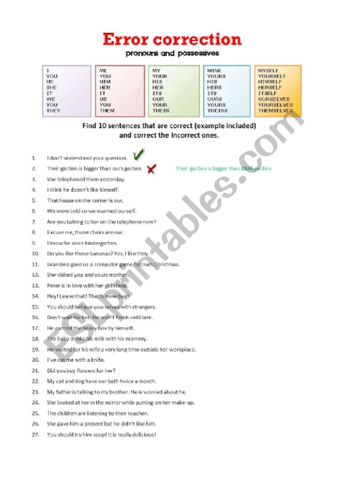 Practice worksheet 16 for identifying and fixing incorrect pronouns in sentences Sixth grade grammar worksheet showing sentences with pronoun errors for students to correct and rewrite