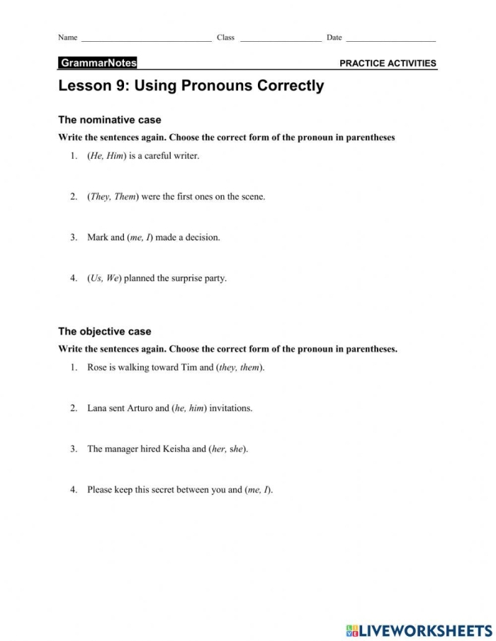 Correcting Pronoun Mistakes Practice Exercise 22 Sixth grade grammar worksheet showing sentences with pronoun errors for students to identify and correct